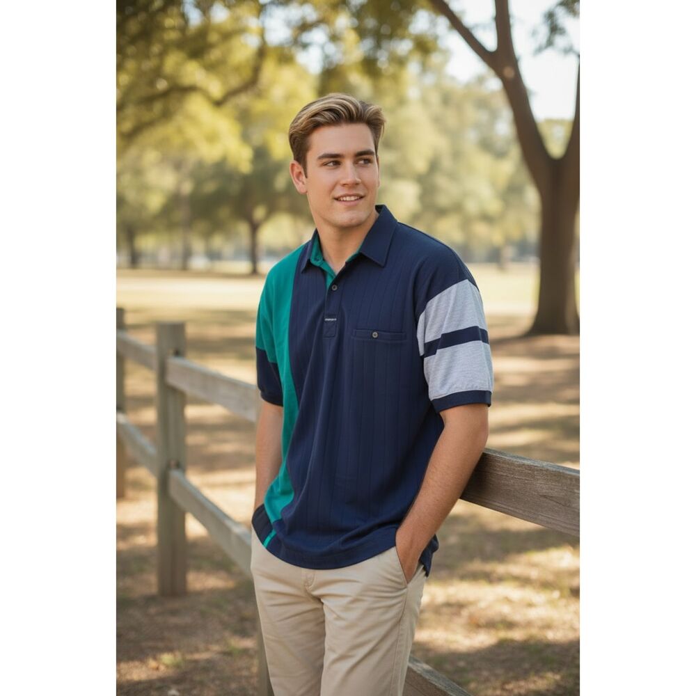 Vintage 90s Greenline International Blue Teal Colorblock Retro Polo Shirt 1X NWT